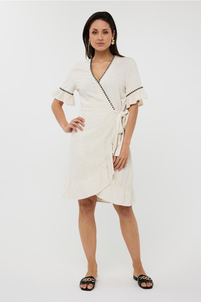 DRESS LINEN FANCY CONTRAST STITCH HS25 28218 180 Sand